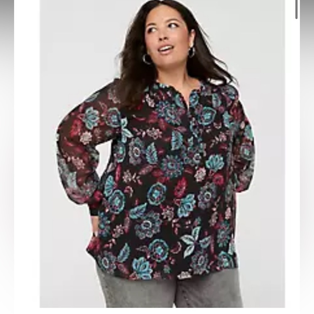 Black Floral Women’s Blouse with Teal and Pink Accents- NWOT. Never worn